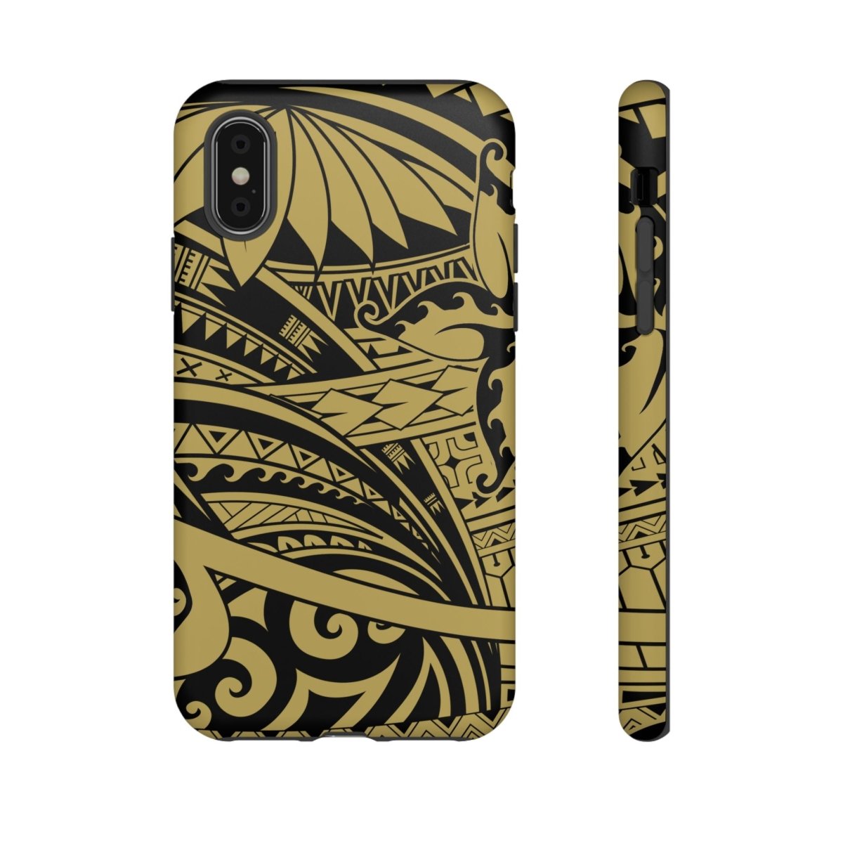 iPhone Tough Phone Case in Bloom Gold with floral design, durable protective cover for iPhone models.