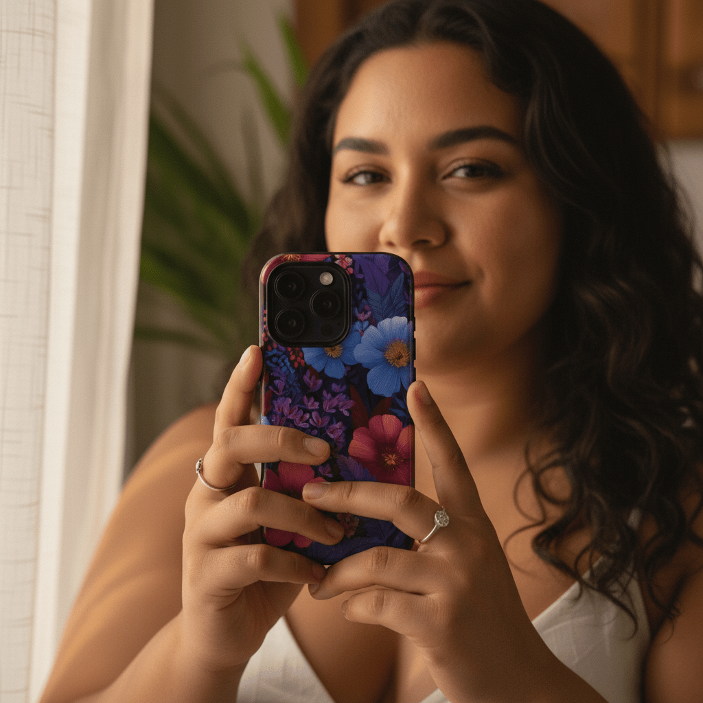 WOYC lavender Tropics tough phone case for iPhone, featuring vibrant tropical design and sturdy protection.