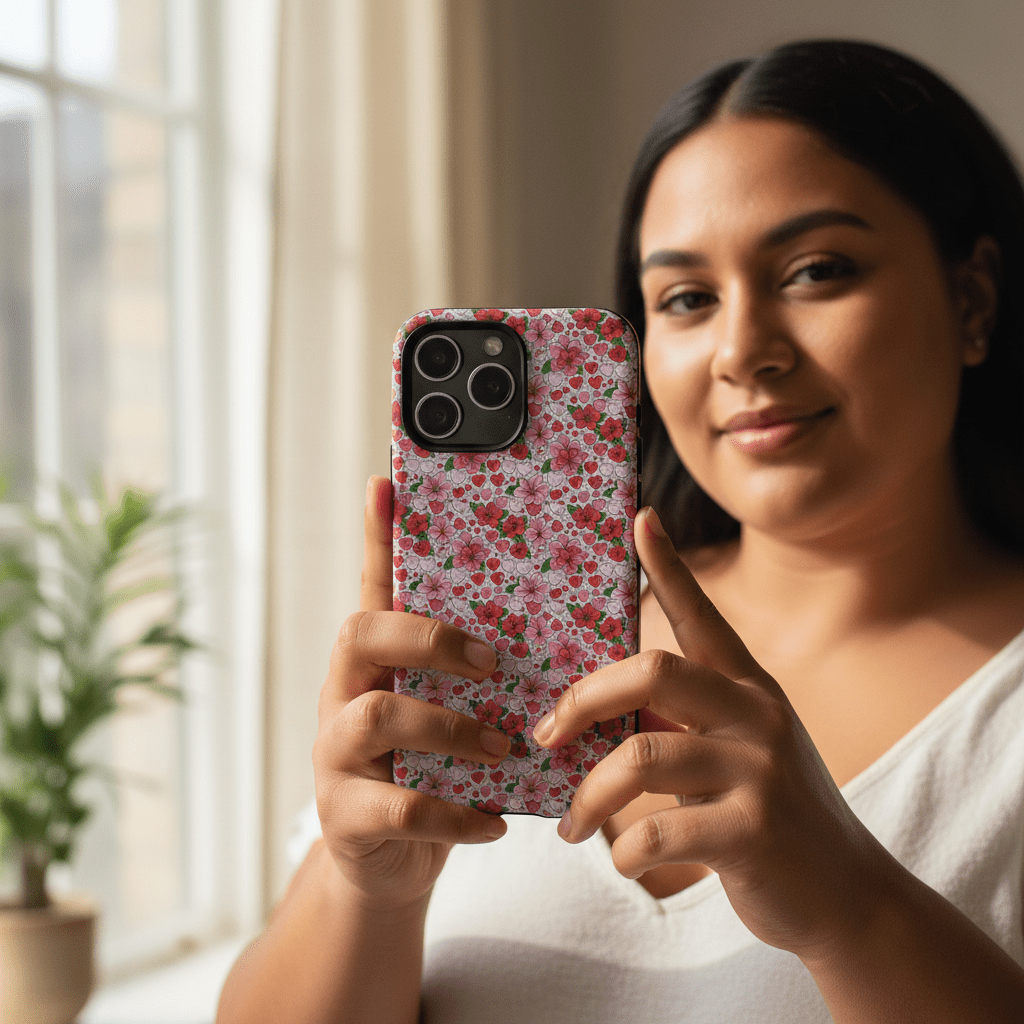 iPhone tough phone case with love and aute design, durable protective cover for iPhone, featuring colorful tropical artwork.