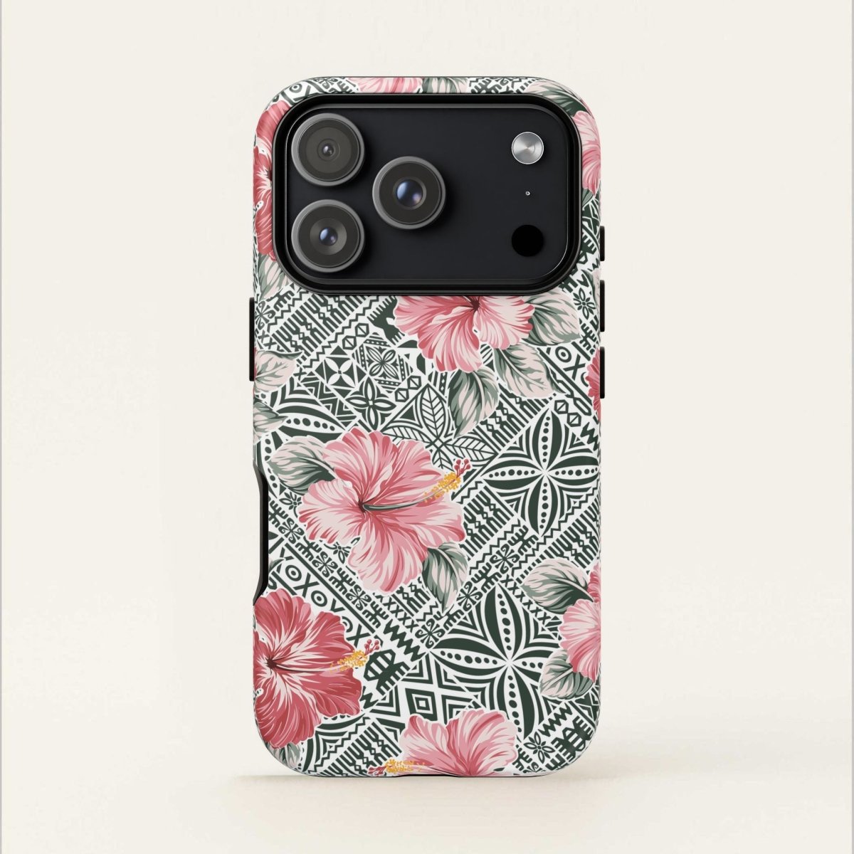 Durable iPhone tough phone case by Printify featuring Solosolo Blooms design with tropical flowers on a protective cover.