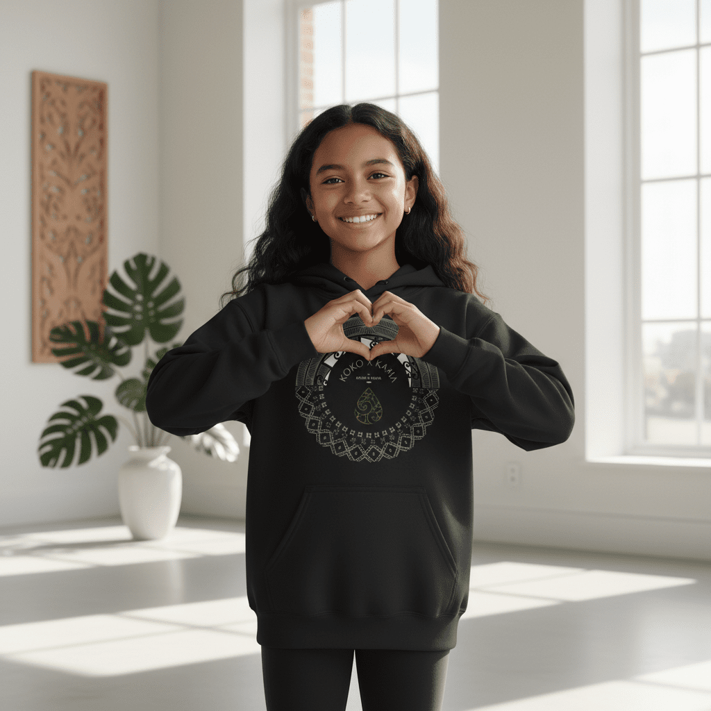 Kids hoodie by Printify featuring PasifikaOne Aotearoa Samoa design, colorful kids hoodie with Polynesian-inspired patterns.