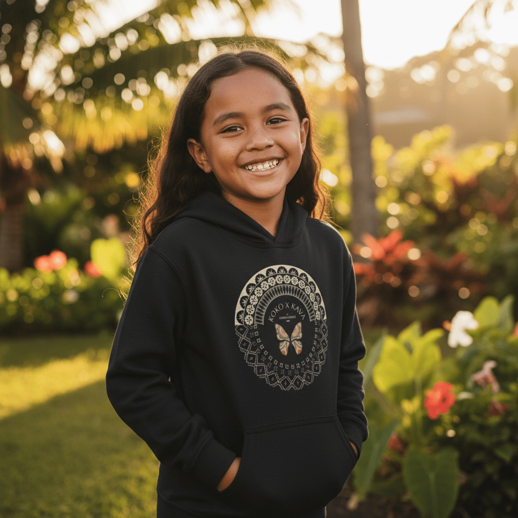 Kids hoodie by Printify featuring PasifikaOne Fiji Samoa design, with colorful Polynesian patterns on soft fabric.