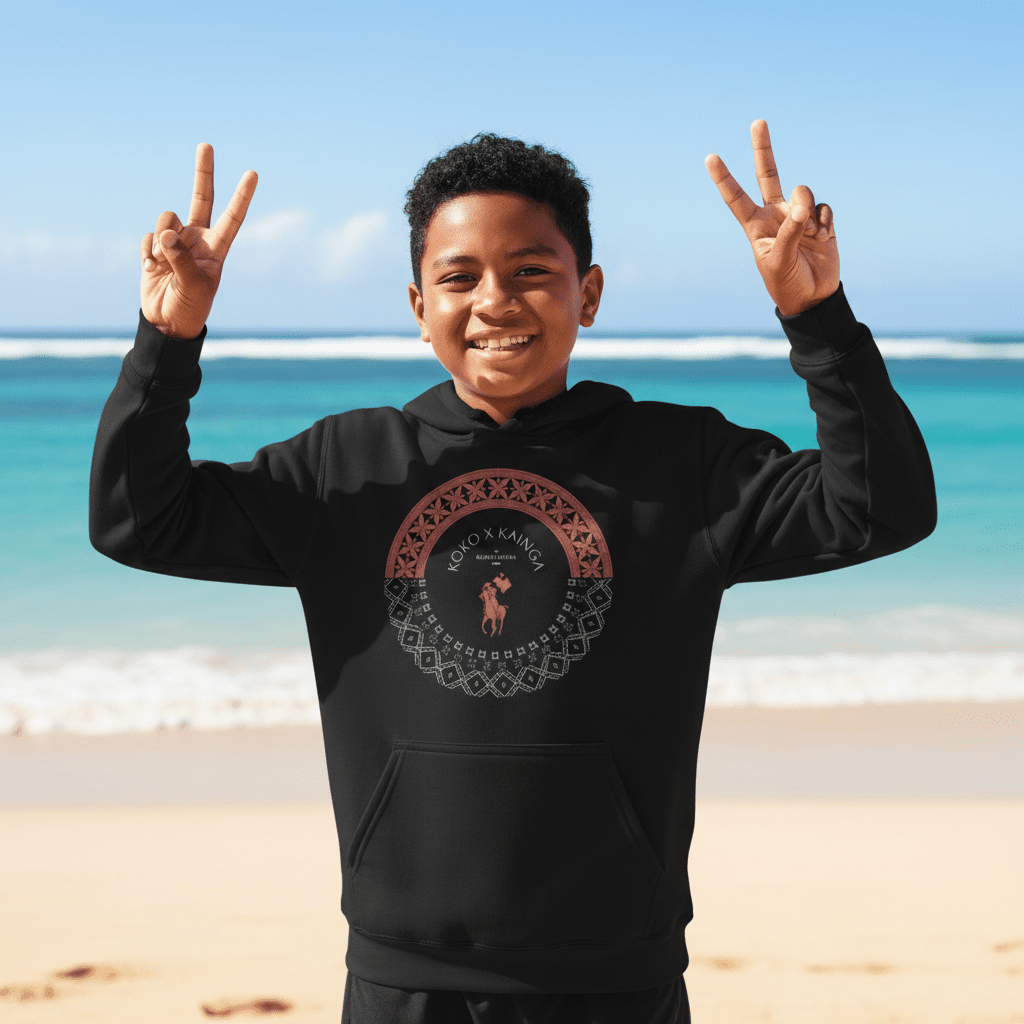 Kids hoodie by Printify featuring PasifikaOne Tonga Samoa design, with vibrant Polynesian-inspired patterns and comfortable fit.