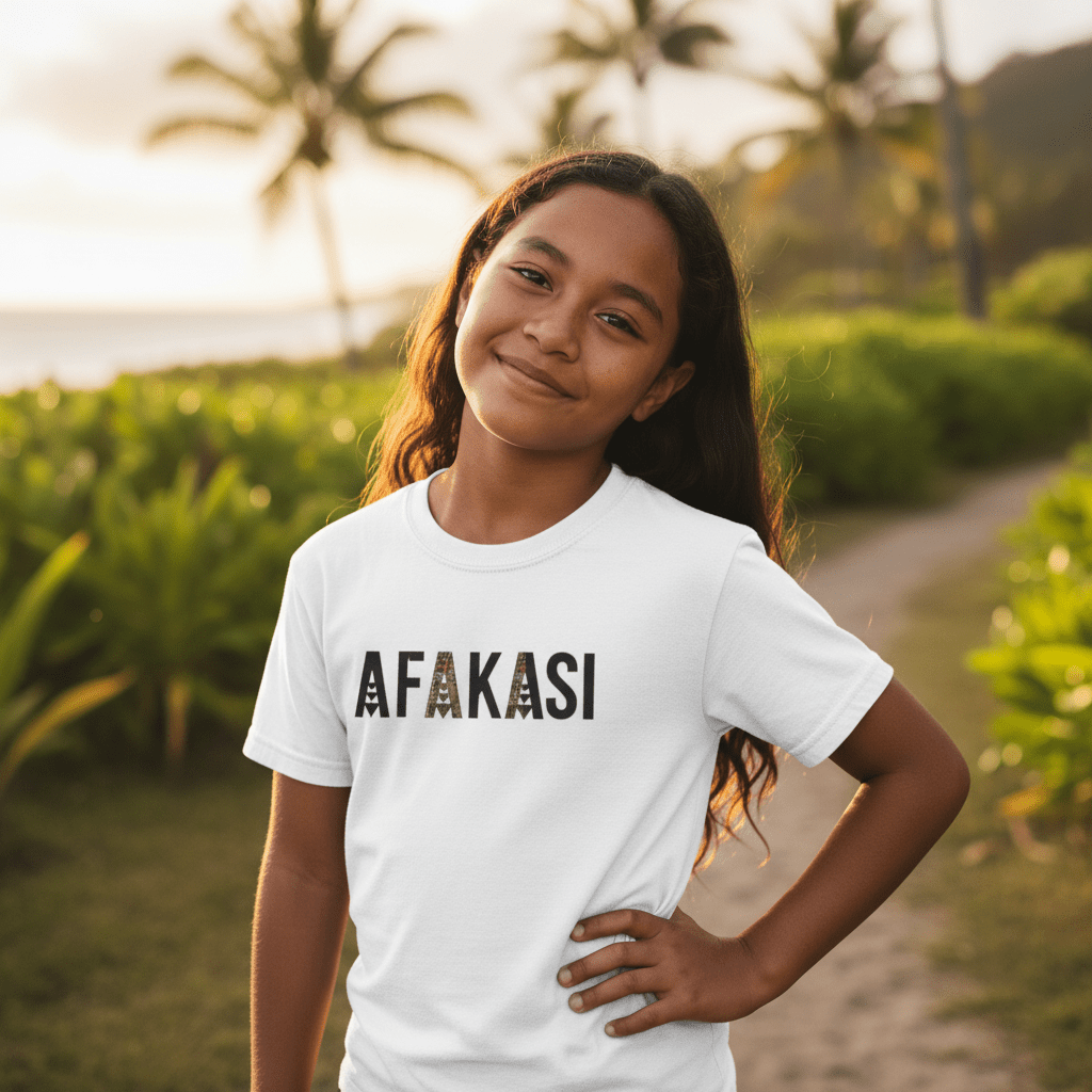 Kids unisex Afakasi T-shirt from The Print Bar, featuring vibrant Samoa-inspired design in a casual kids' tee style.