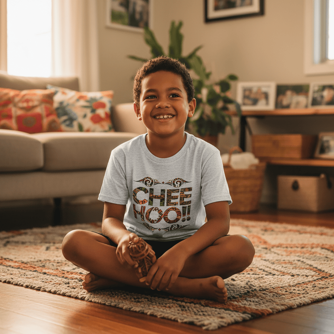 Kids unisex tee by The Print Bar featuring cheerful "CHEEHOO!!" design, suitable for children in AU/NZ.