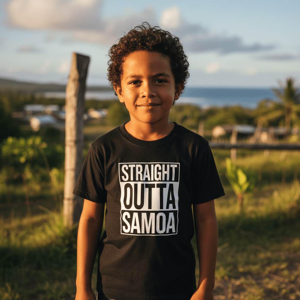 Kids unisex Tee featuring "Straight Outta Samoa" graphic, casual style, from The Print Bar, designed for kids in AU/NZ.