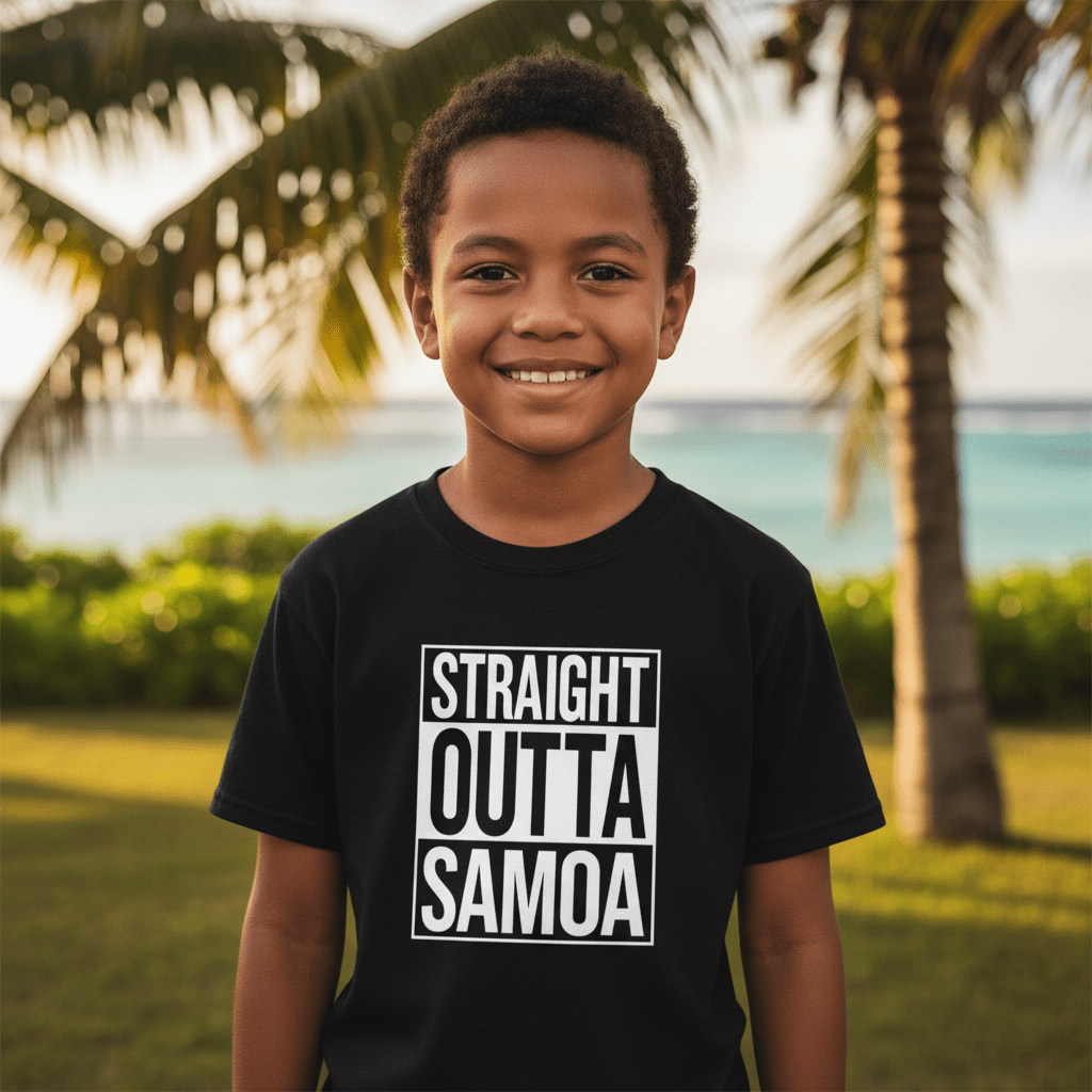 Kids unisex Tee by The Print Bar featuring "Straight Outta Samoa" design, suitable for AU/NZ sizes, casual and comfortable.