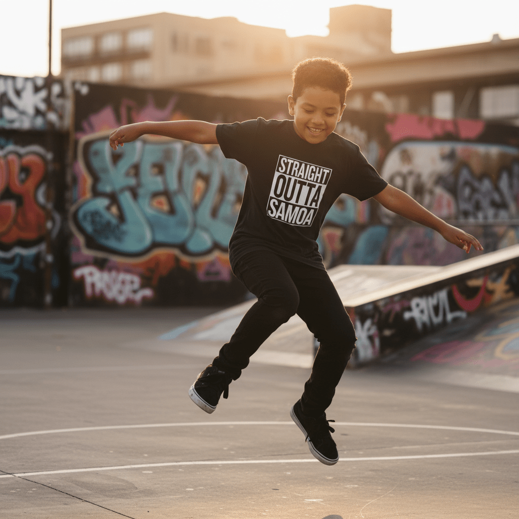 Kids unisex tee featuring "Straight Outta Samoa" design by The Print Bar, casual cotton shirt for boys and girls.