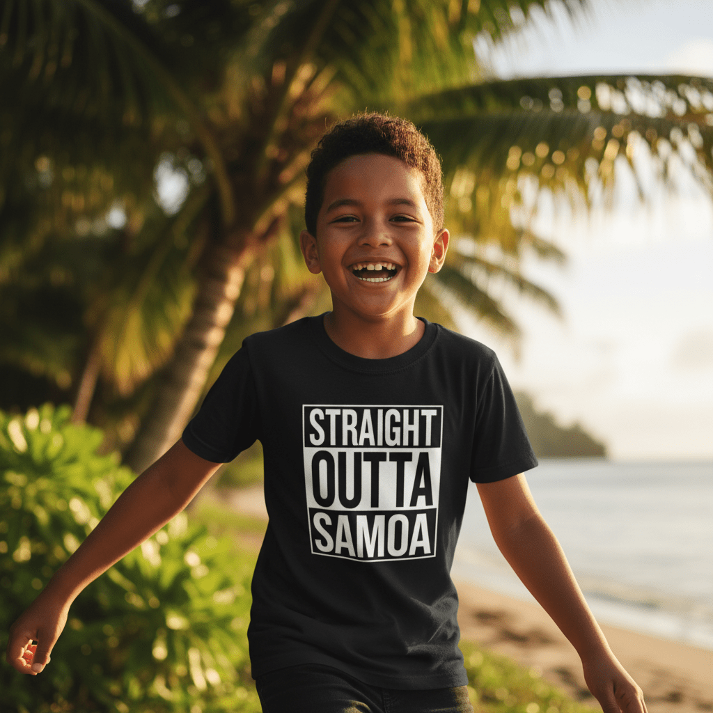 Kids unisex Tee featuring "Straight Outta Samoa" design by The Print Bar, casual cotton T-shirt for children, AU/NZ sizes.