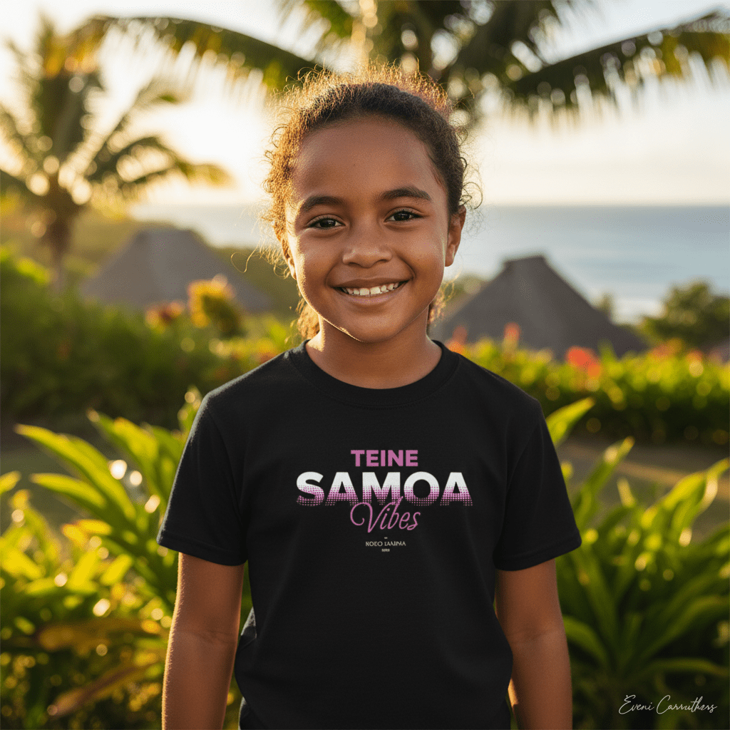 Kids unisex T-shirt featuring Teine Samoa Vibes design by The Print Bar, with colorful Samoa-inspired artwork for kids.