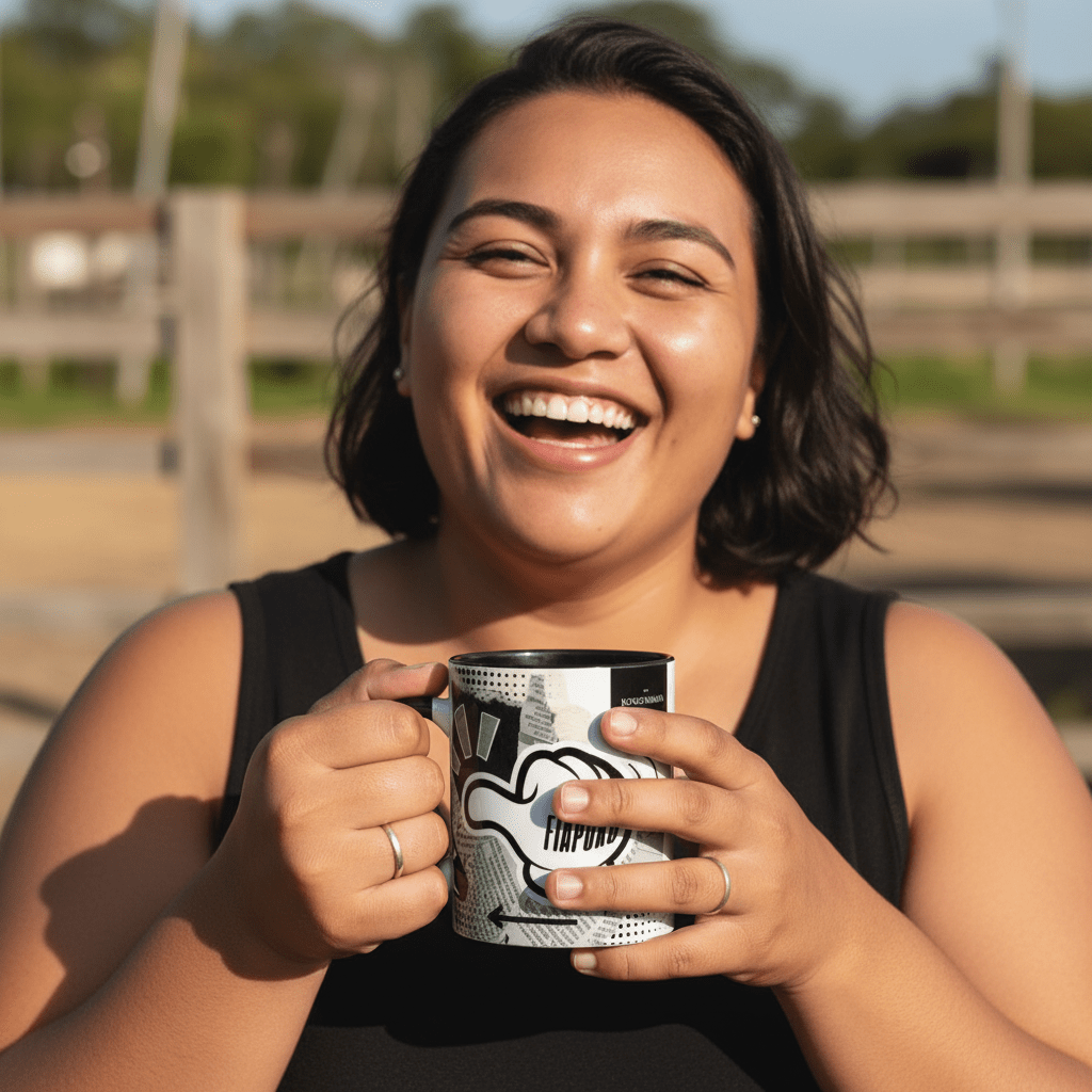 LimaLuxe™ 11oz mug featuring a "Look At Fiapoko" design with tropical island artwork.