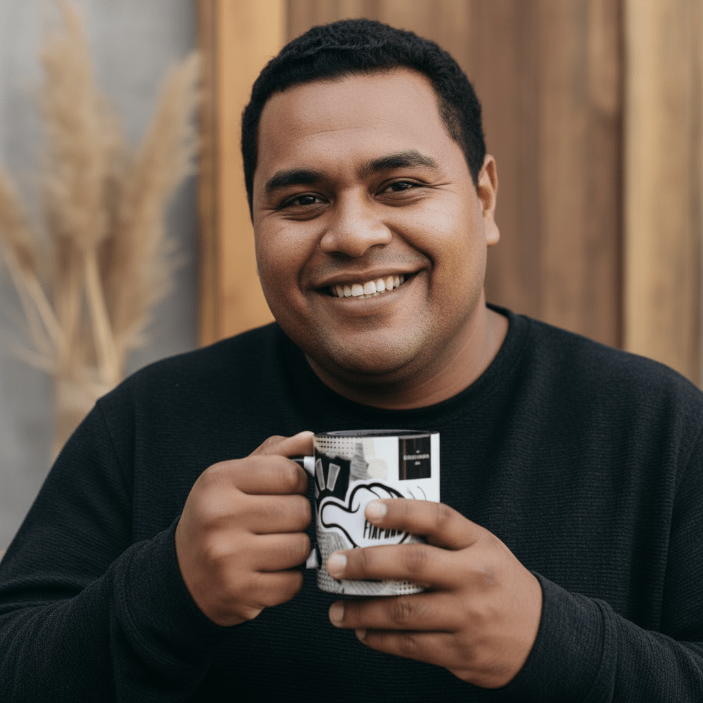 LimaLuxe™ 11oz Mug featuring a "Look At Fiapoko" design, with colorful tropical artwork on a ceramic mug.