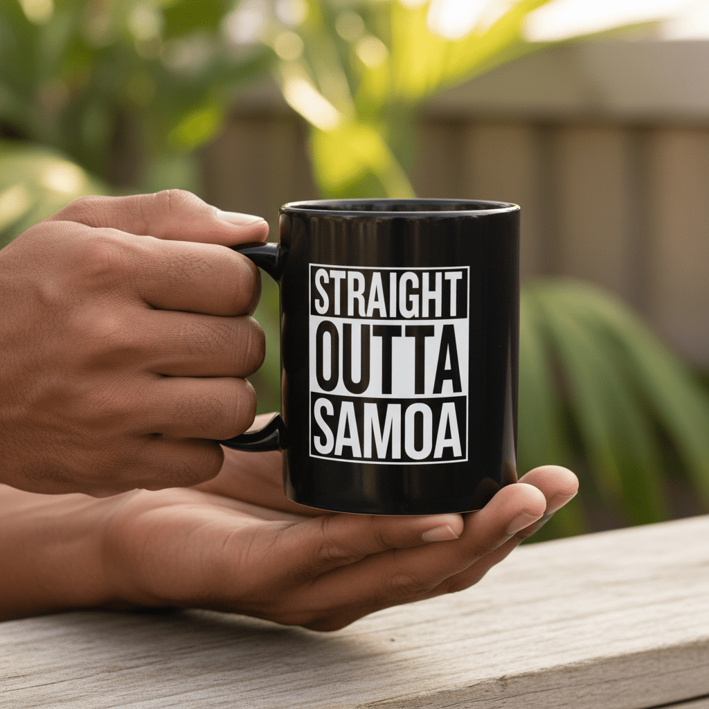 LimaLuxe™ 325ml mug featuring "Straight Outta Samoa" design, showcasing a ceramic mug with Samoa-themed artwork.