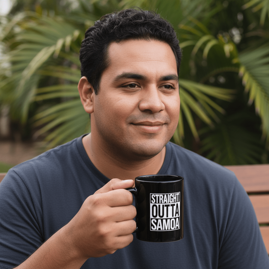 LimaLuxe 325ml mug featuring "Straight Outta Samoa" design, showing a ceramic mug with tropical Samoa-themed print.