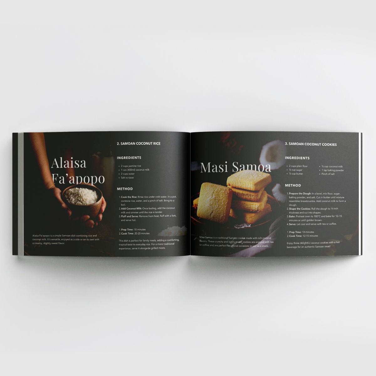 Hardcover cookbook titled Samoan Delights featuring 24 traditional Samoan recipes, published by Lulu Direct.
