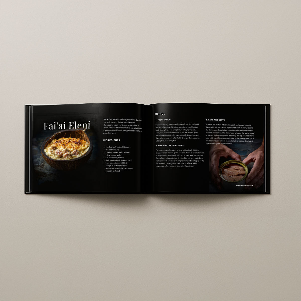 Hardcover cookbook titled Samoan Delights with 24 Samoan recipes, featuring vibrant cover art by Lulu Direct.