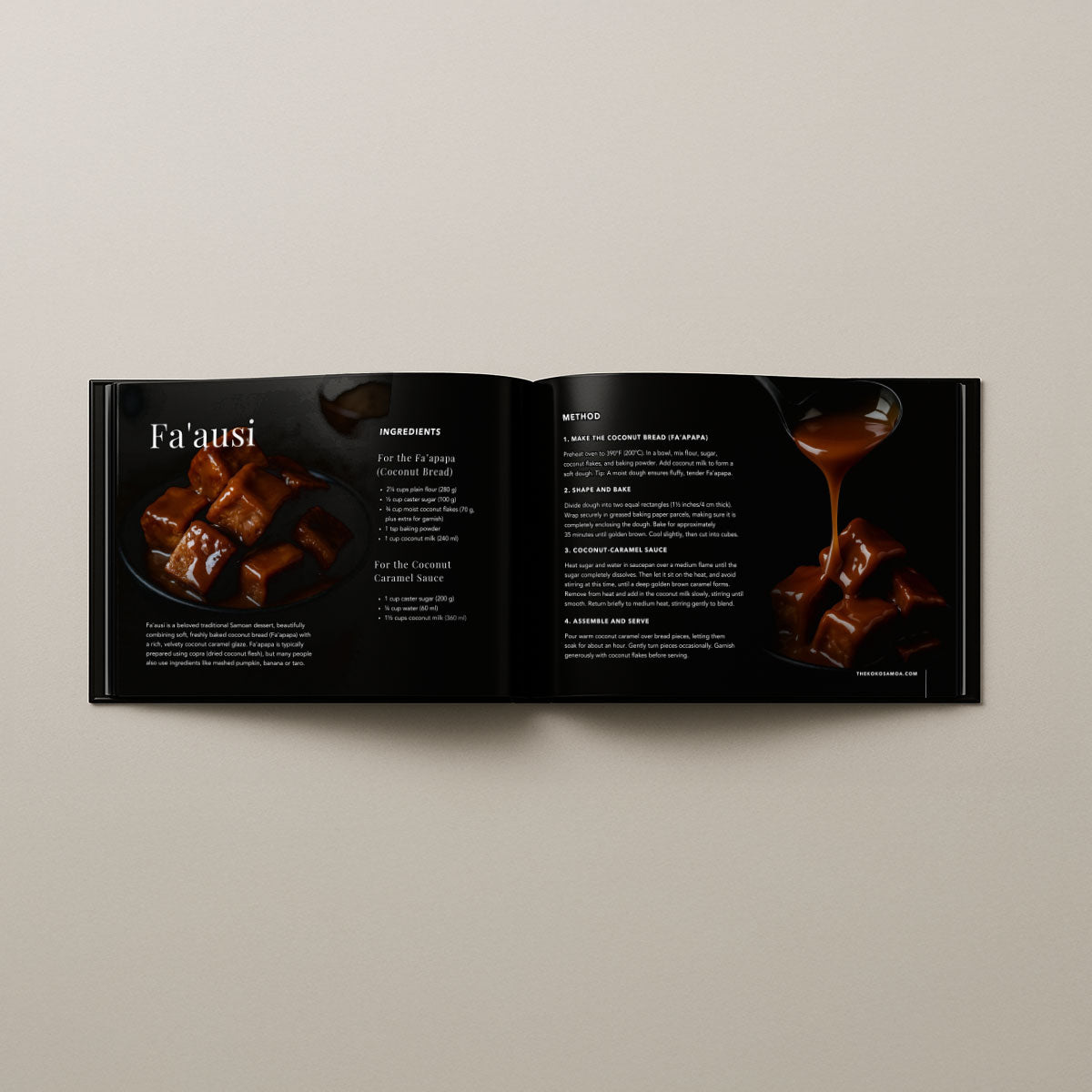 Hardcover cookbook titled Samoan Delights with 24 traditional Samoan recipes, published by Lulu Direct, includes expanded edition volumes.