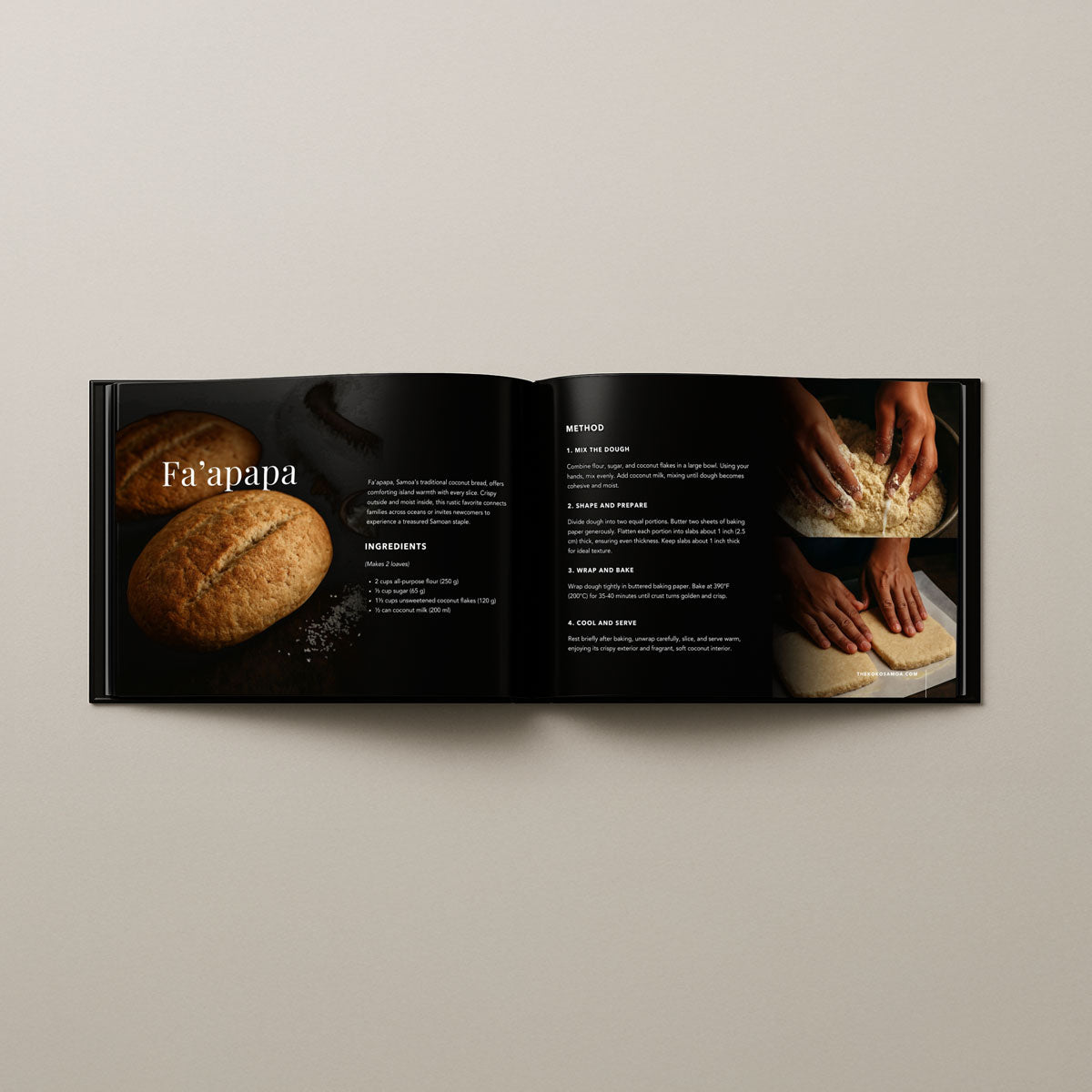 Hardcover cookbook titled Samoan Delights with 24 traditional Samoan recipes, published by Lulu Direct, featuring colorful cover design.