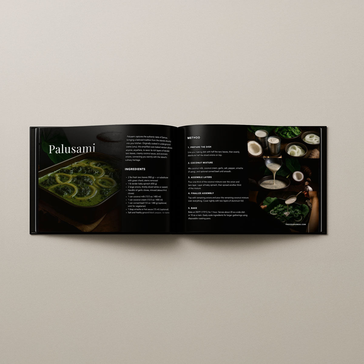 Hardcover cookbook titled Samoan Delights with 24 traditional Samoan recipes, expanded edition, by Lulu Direct.