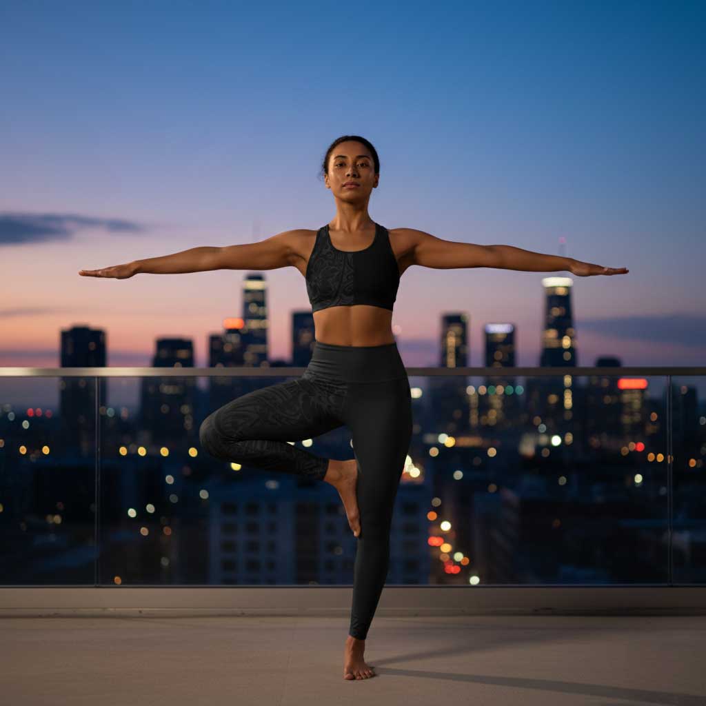 High-waisted Miami Sublimation leggings in Bloom Dark by FYBY, shown with seamless sports bra, perfect for active wear.