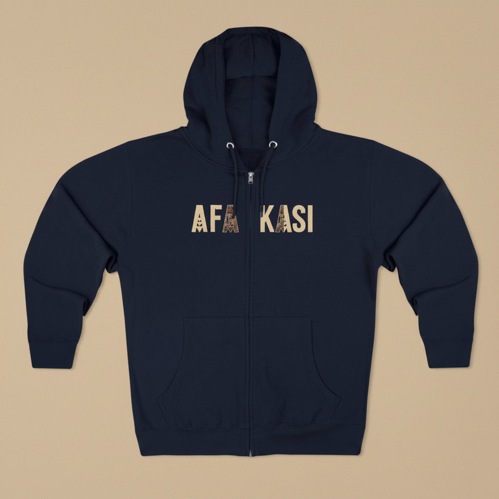 Black unisex zip hoodie, AFAKASI brand, featuring a comfortable hoodie design with front zipper and casual style.