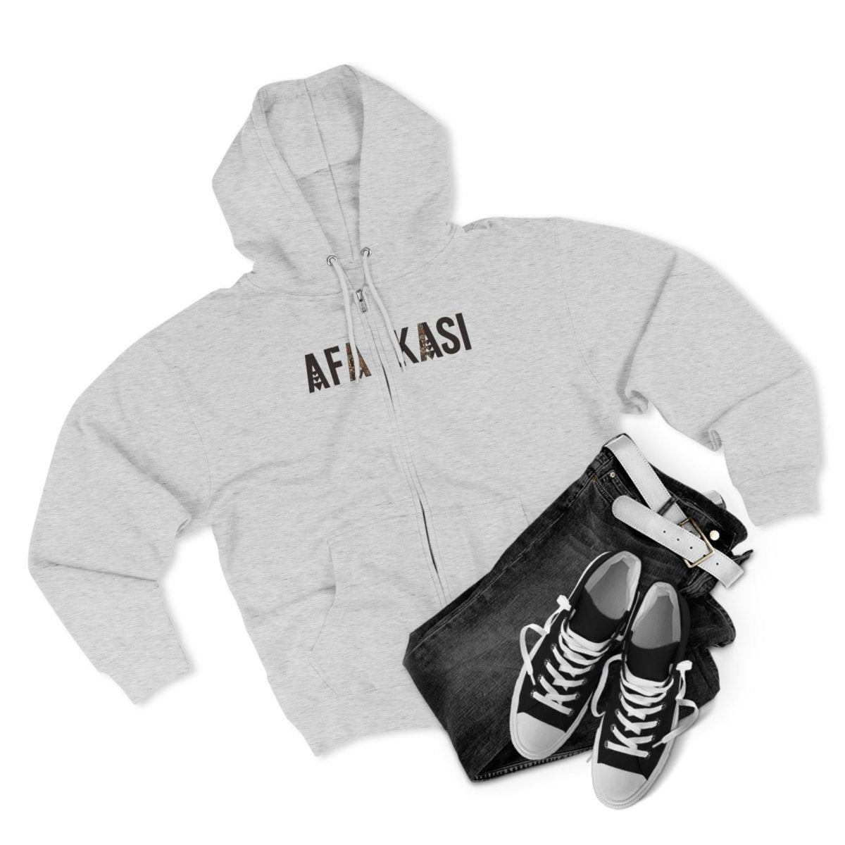 Black unisex zip hoodie by Monster Digital featuring AFAKASI design, suitable for AU, NZ, and USA markets.