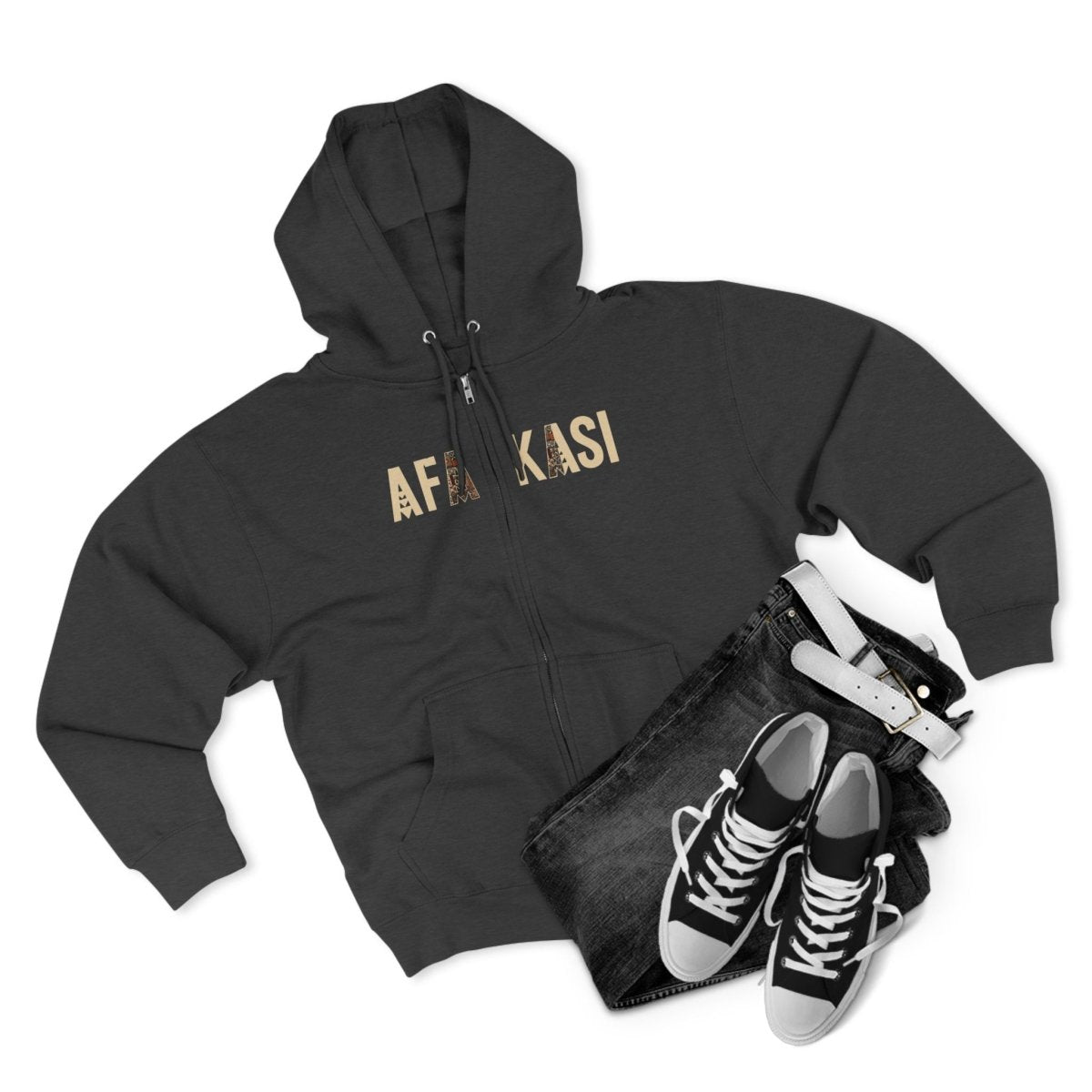 Black unisex zip hoodie from Monster Digital featuring AFAKASI design, suitable for AU, NZ, and USA markets.