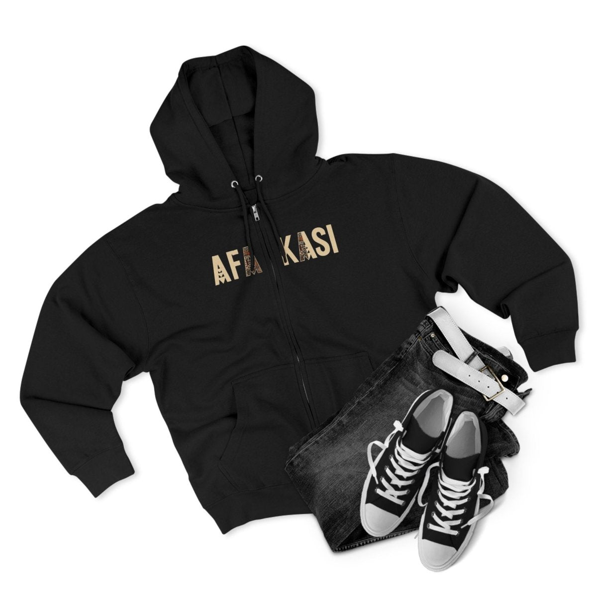 Black unisex zip hoodie by Monster Digital featuring AFAKASI design, suitable for AU, NZ, and USA markets.