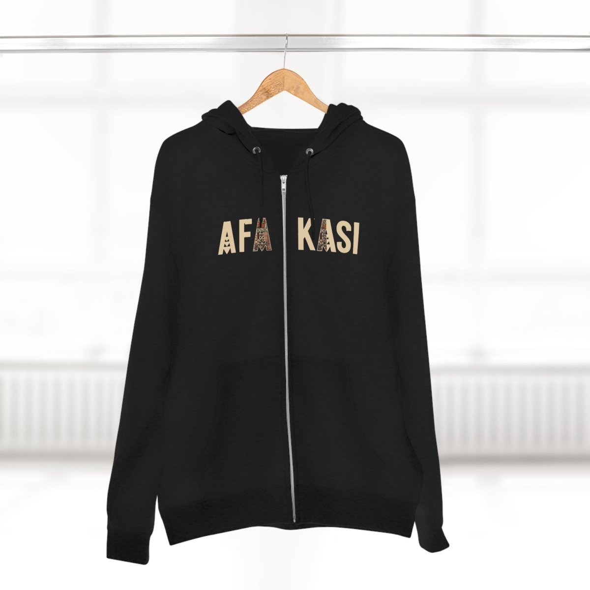 Unisex black zip hoodie from Monster Digital featuring AFAKASI design, suitable for AU, NZ, and USA markets.