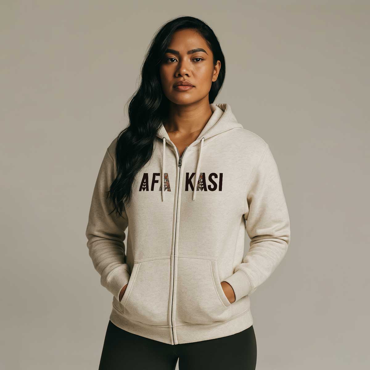 Black unisex zip hoodie by Monster Digital featuring AFAKASI design, suitable for AU, NZ, and USA markets.