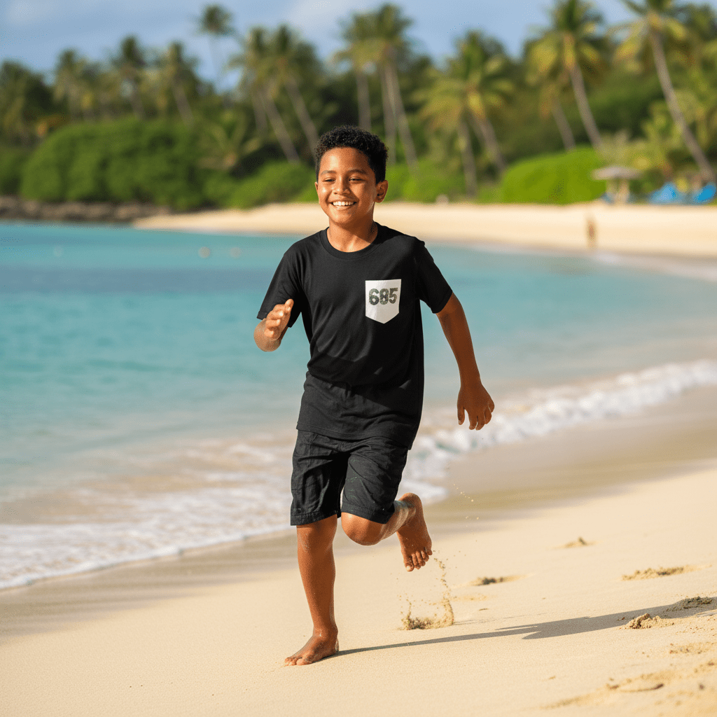 Kids unisex navy T-shirt with monster digital print and 685 pocket detail, designed for children by The Print Bar.