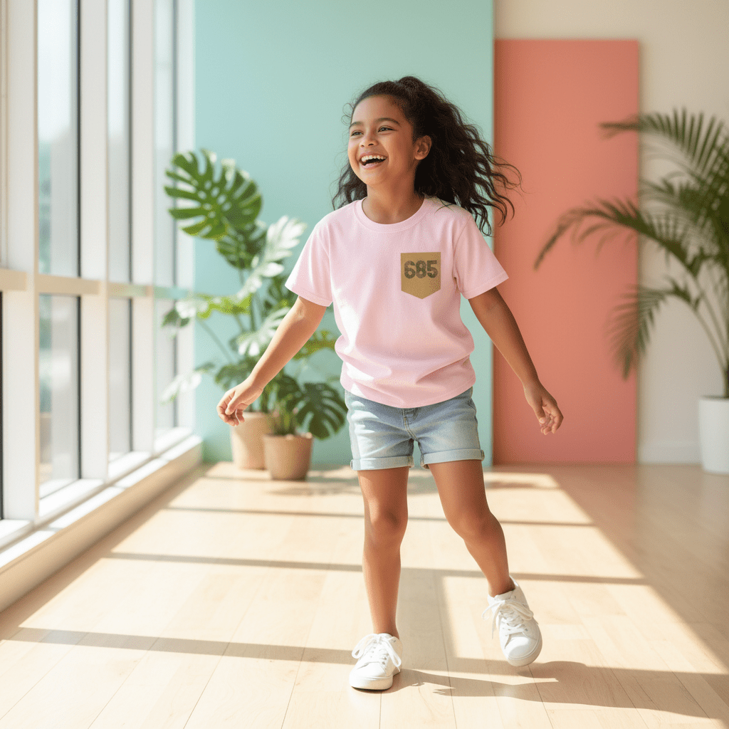 Kids unisex navy T-shirt with a monster digital print and a 685 Pocket design from The Print Bar.