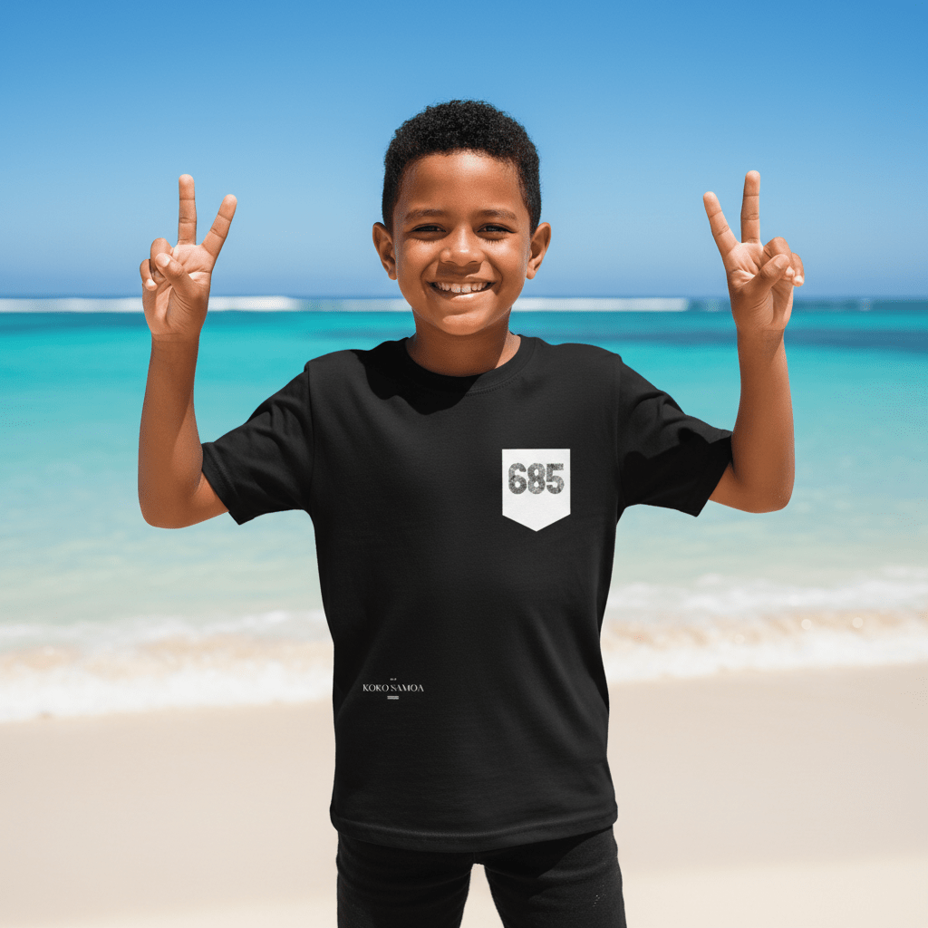 Kids unisex navy T-shirt with monster digital graphic, size XS, by The Print Bar, featuring a front pocket design.