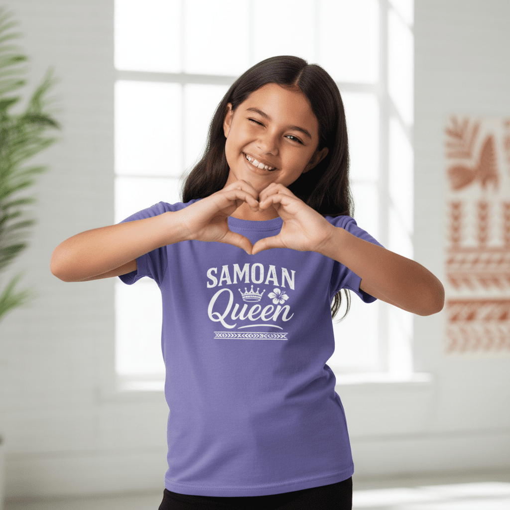 Kids unisex navy tee featuring a Samoan Queen digital monster design, perfect for boys and girls.