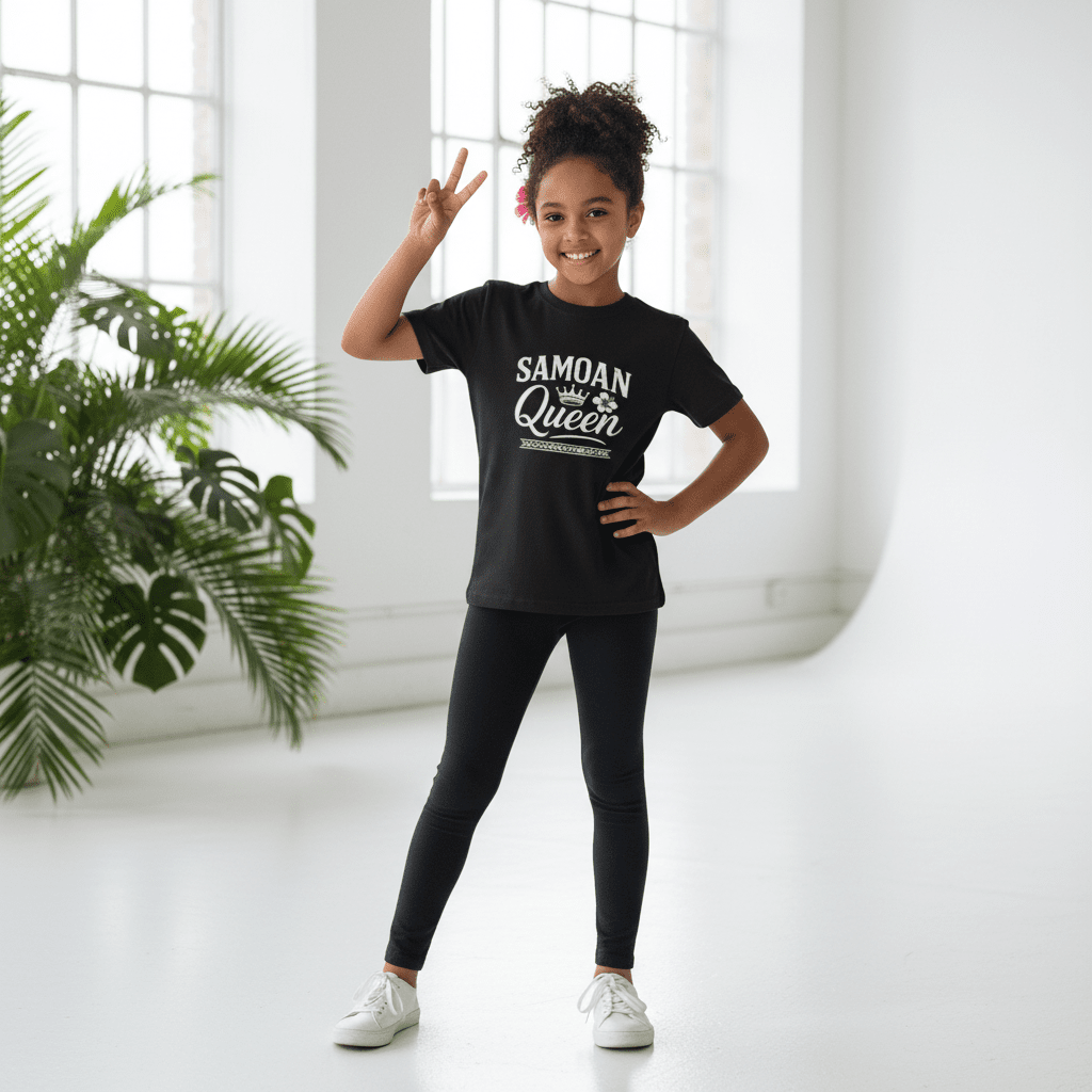 Kids unisex navy T-shirt featuring a Samoan Queen design, suitable for children, from The Print Bar.