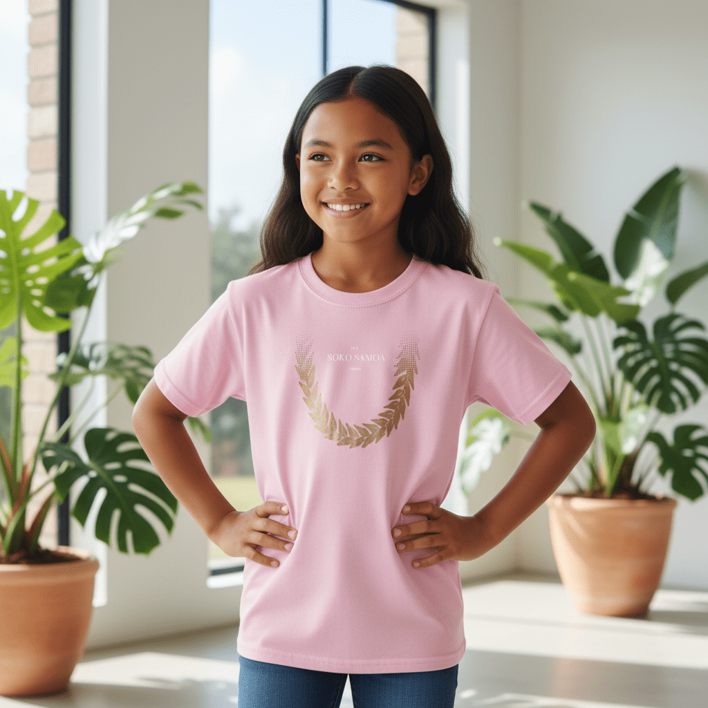 Kids unisex T-shirt featuring Ula Fala design by The Print Bar, in brown color, suitable for children, shown on a plain background.