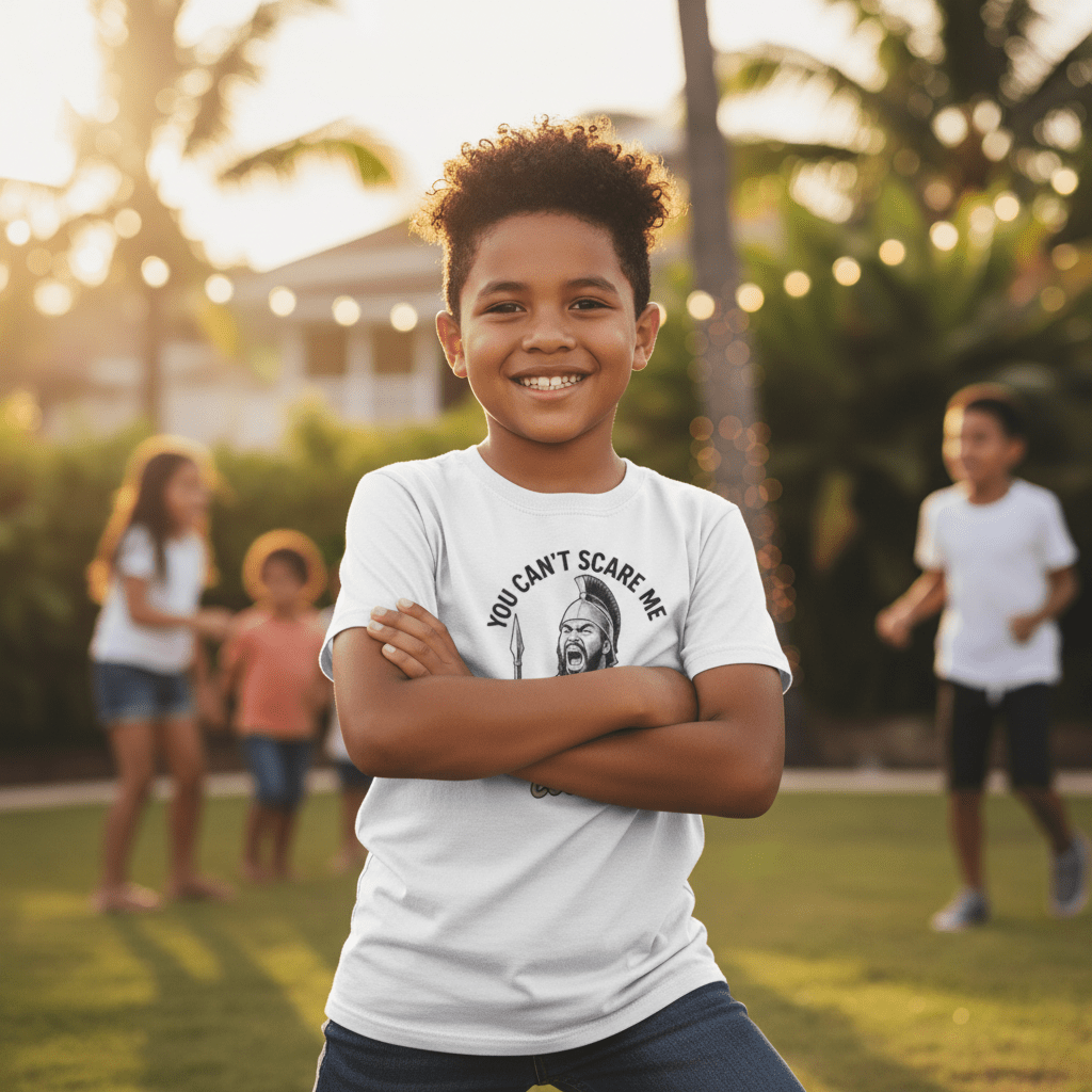 Kids unisex red T-shirt featuring a monster digital print, 300 Cousins design by The Print Bar for kids.