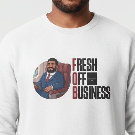 Unisex heavy sweatshirt in ash color, personalized with "Fresh Off Business" text, made in the USA.