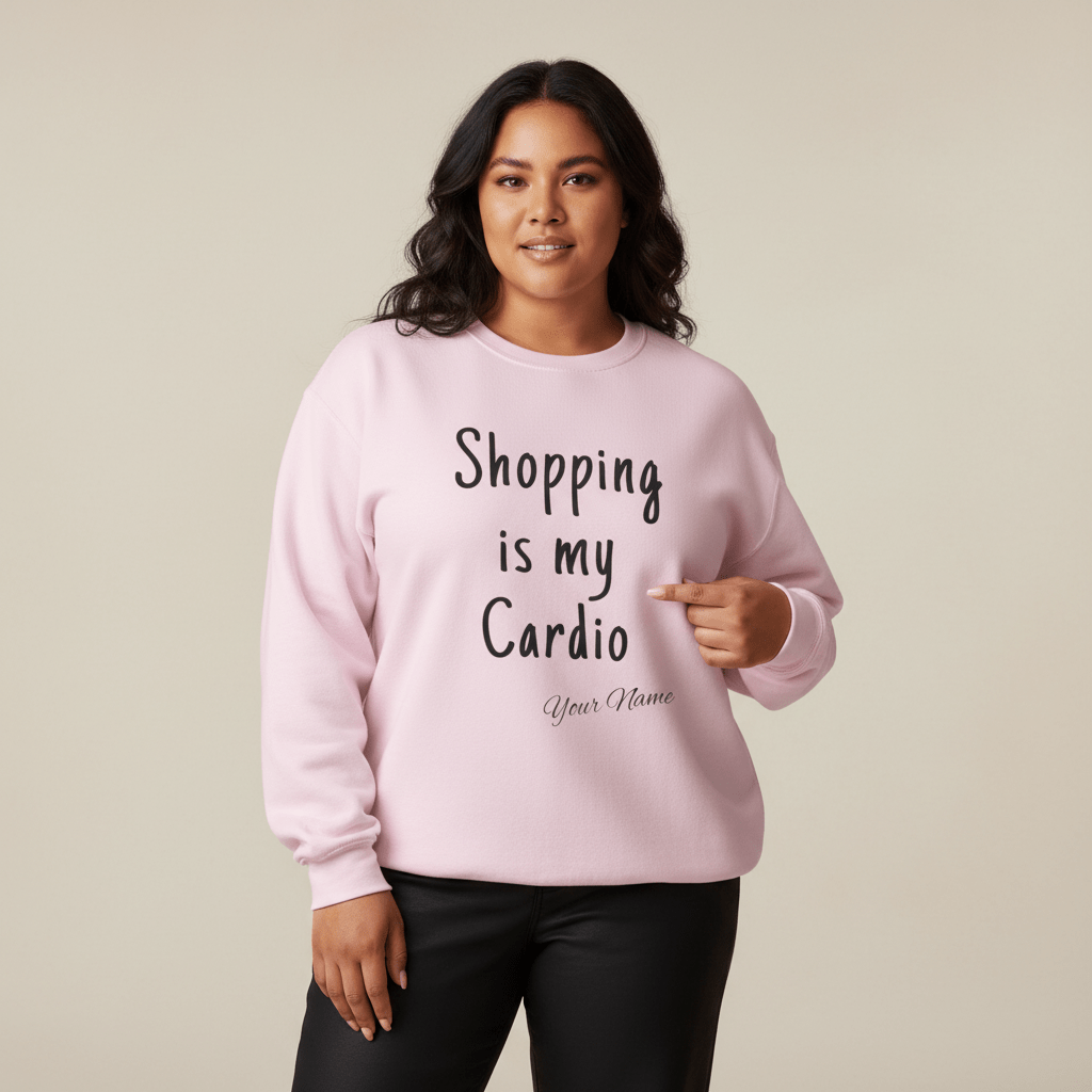 Unisex heavy sweatshirt by Monster Digital featuring "Shopping is My Cardio" personalized design in ash gray.