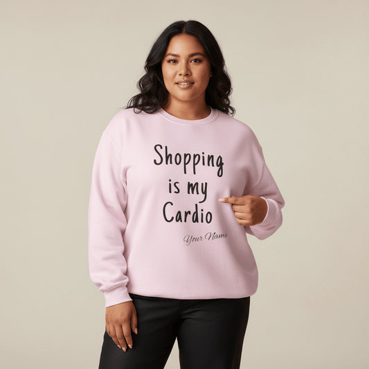 Unisex heavy sweatshirt by The Print Bar with "Shopping is My Cardio" personalized design on ash-colored fabric.