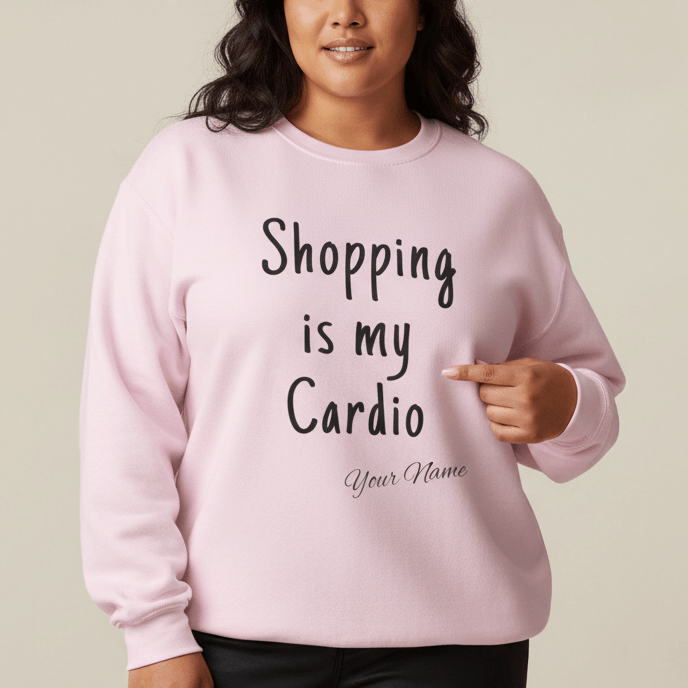 Unisex heavy sweatshirt with "Shopping is My Cardio" personalized design in ash color.