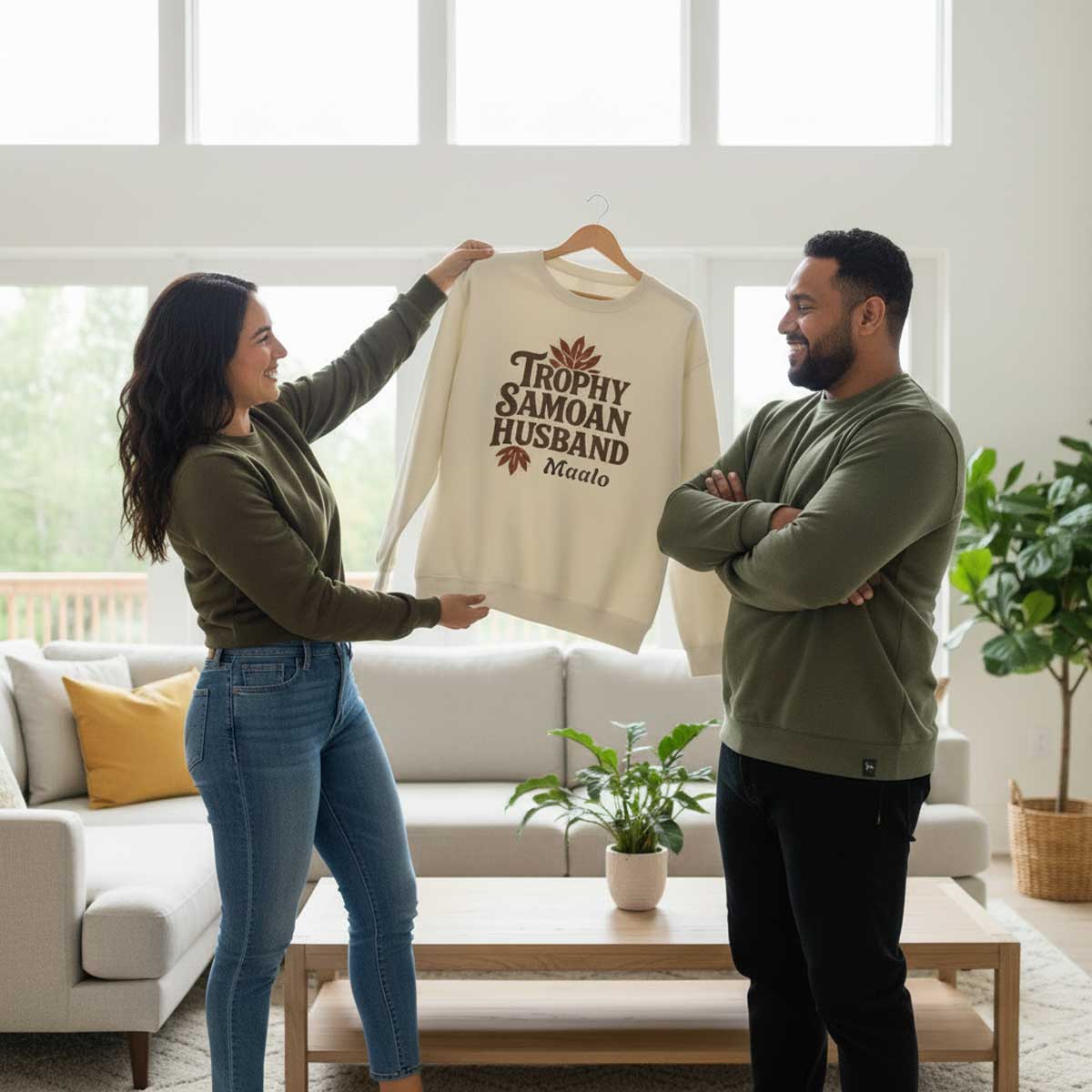 Unisex heavy sweatshirt by Monster Digital featuring a personalized Trophy Samoan Husband design in gray, casual and comfortable fit.