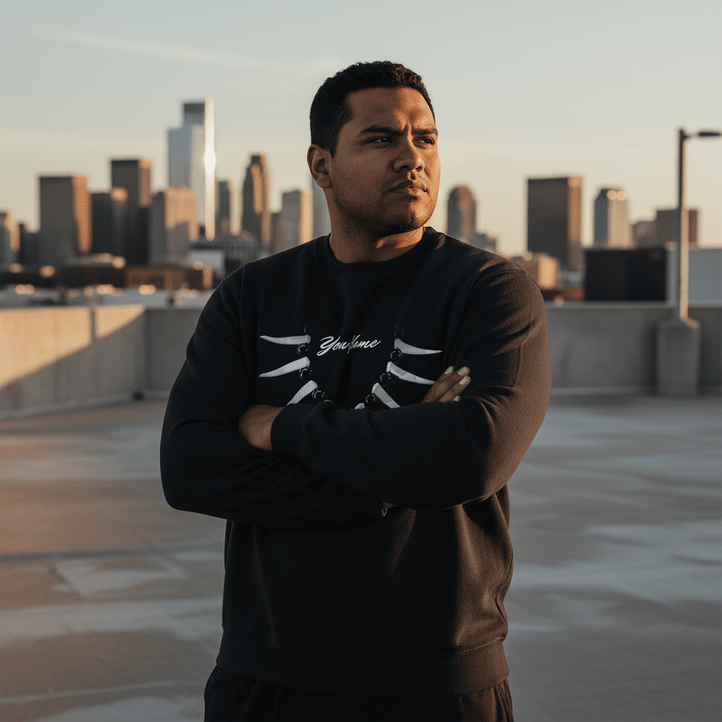 Unisex heavy black sweatshirt by Monster Digital featuring personalized Ula Nifo design, made in the USA.