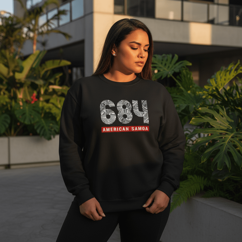 Dark heather unisex heavy sweatshirt with American Samoa 684 personalized, featuring a digital monster graphic.
