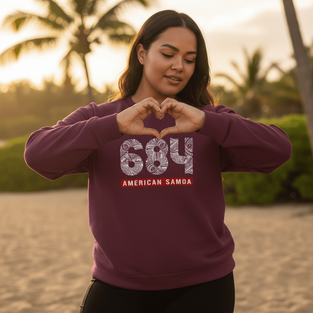 Unisex heavy sweatshirt with American Samoa 684 design in dark heather, personalized sweatshirt for men and women.