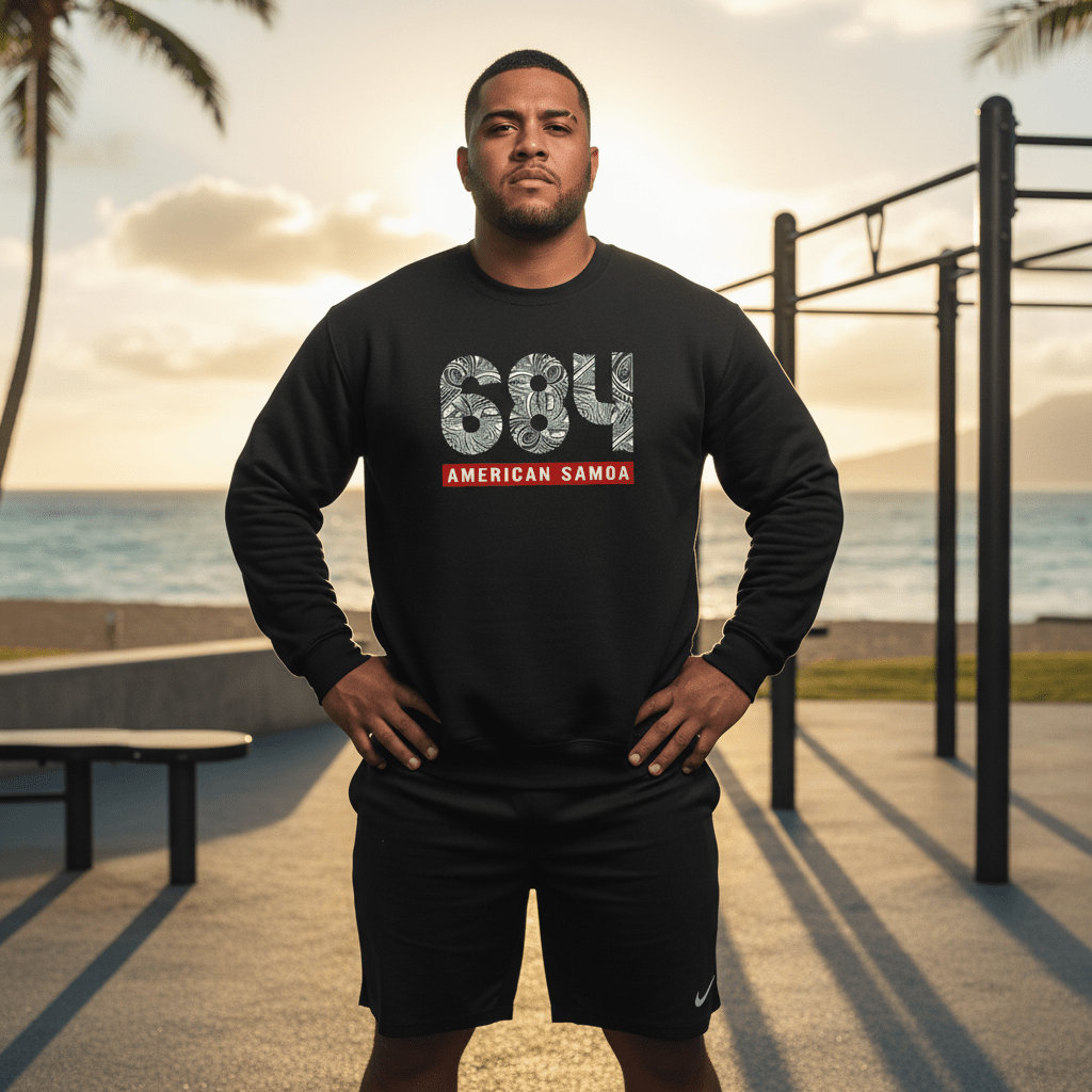 Unisex heavy sweatshirt with American Samoa 684 design, personalized, dark heather color, suitable for casual wear.