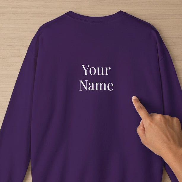Unisex heavy sweatshirt in dark heather, personalized with "Exclaim" design, suitable for all genders.