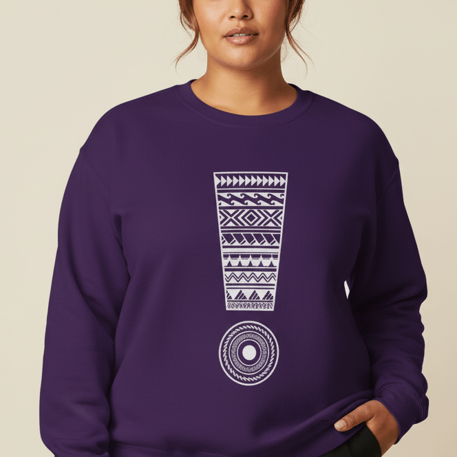 Unisex heavy sweatshirt in dark heather with personalized "Exclaim" design, suitable for all genders.