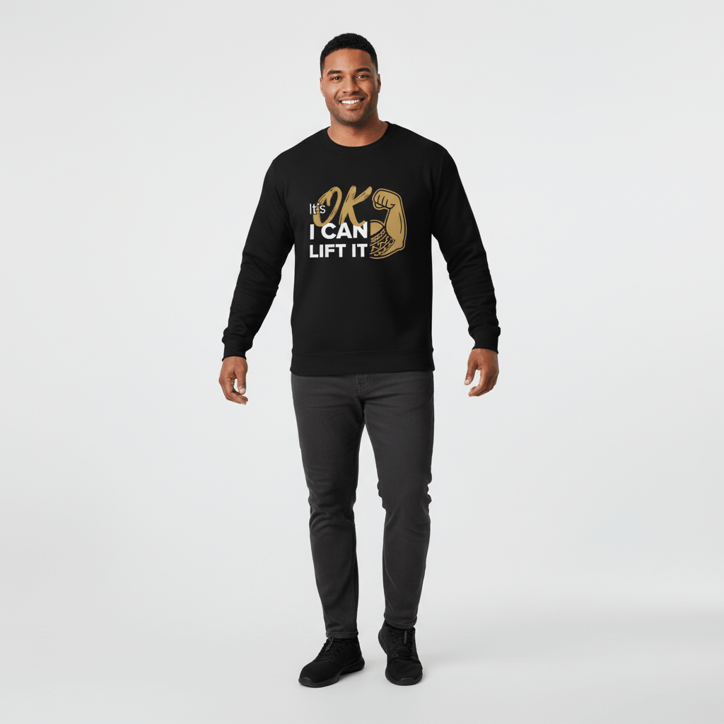 Unisex heavy sweatshirt in dark heather with "I Can Lift It" personalized text, casual fit, and USA design.