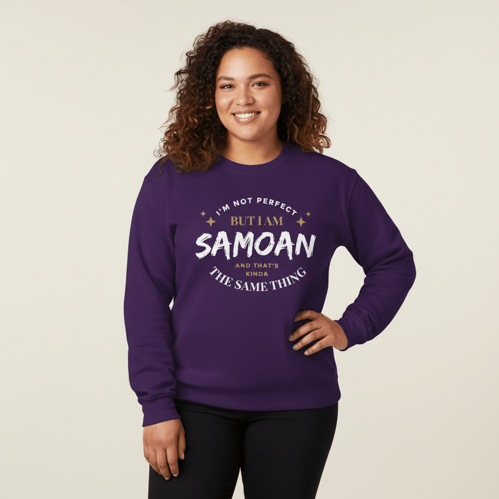 Unisex heavy sweatshirt with "Not Perfect But Samoan" graphic, dark heather fabric, casual and comfortable fit.
